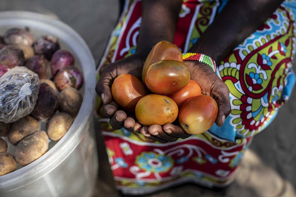 Kenya woman holds tomatoes she grew in her garden