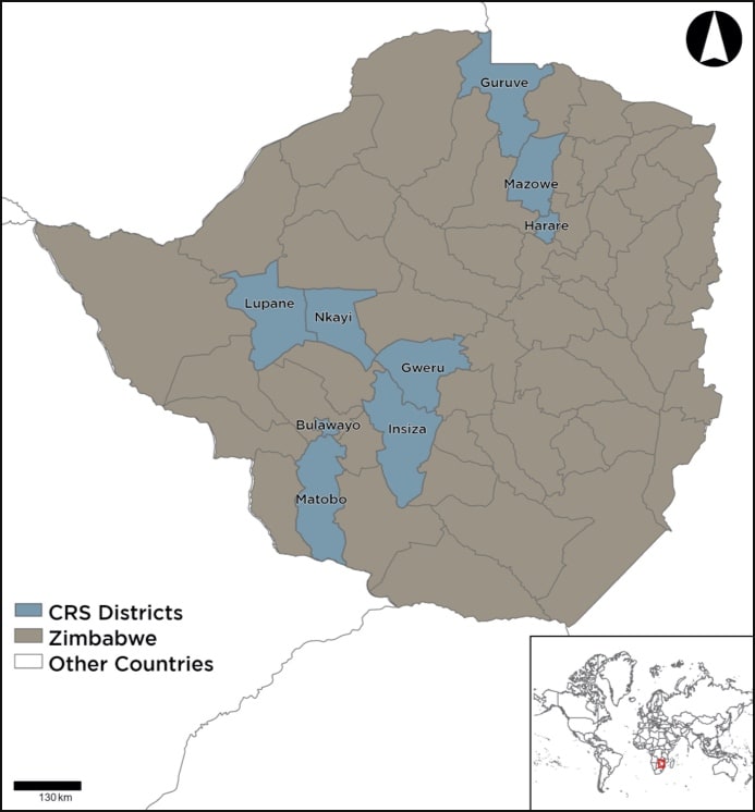Map of Zimbabwe indicating CRS is active in Guruve, Mazowe, Harare, Lupane, Nkayi, Gweru, Insiza, Bulawayo and Matobo.